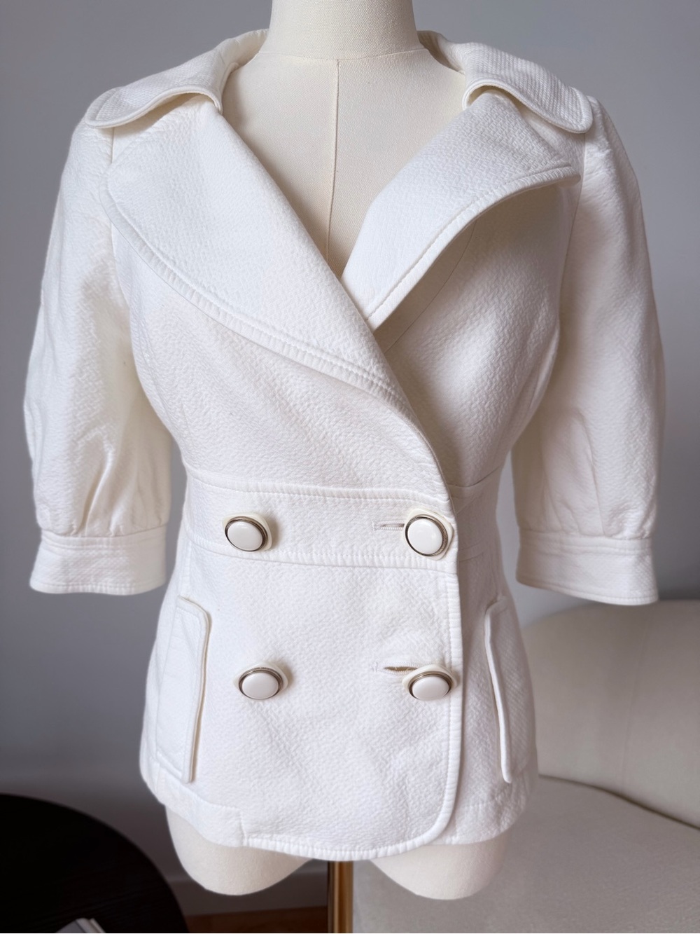 Dolce & Gabbana White Textured Double-Breasted Jacket Belted Size IT 38 $675